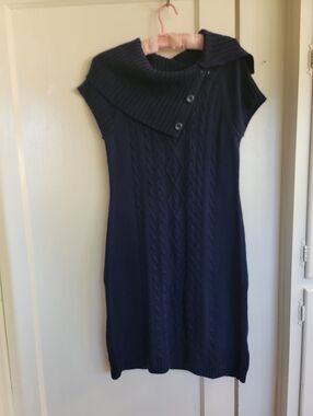 Navy Cable Knit Calvin Klein Sweater Dress with Foldover Collar